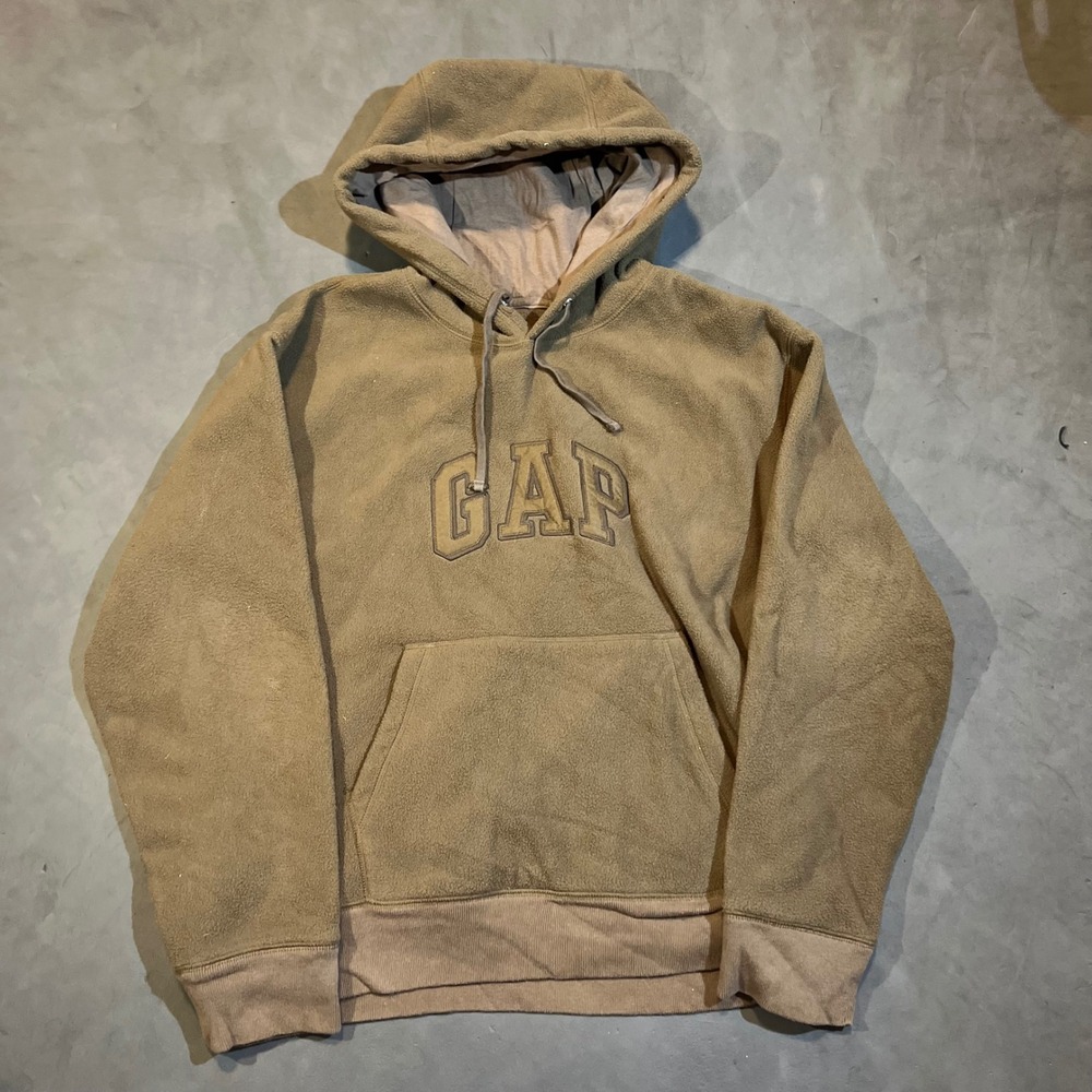 Vintage 90s GAP Mens Pile Fleece Pullover Hoodie Tan Khaki Brown Spellout Logo L